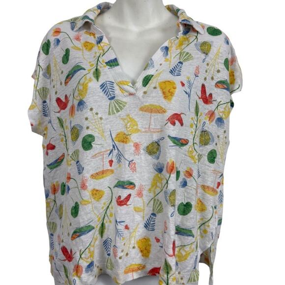 Joie 100% Linen Short Sleeve V-Neck Print Collared Top Shirt Dolman Womens sz L - Picture 1 of 16